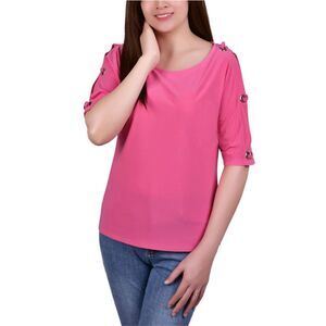 NY Collection Womens Grommet Trim Knit Blouse, Pink, NWT